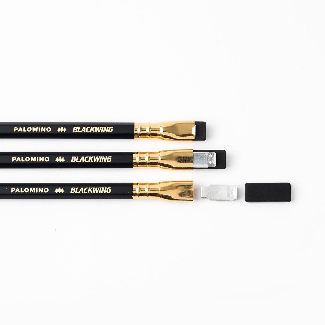 Three Palomino Blackwing pencils with Replacement Eraser 10pk – White ⋄ Black ⋄ Pink on a white background, designed for a dust-free erasing experience.