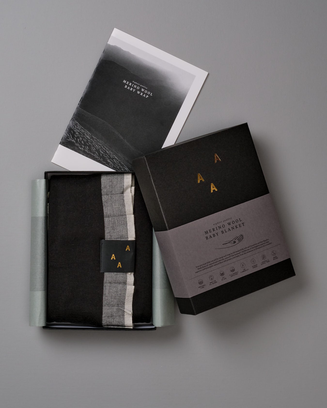 A box with a AAA Design baby merino blanket - Black/Ice Blue and a picture.