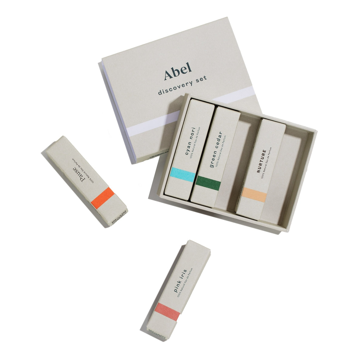 A presentation box filled with the Abel Discovery Set - 5 most popular scents, including fragrance options.
