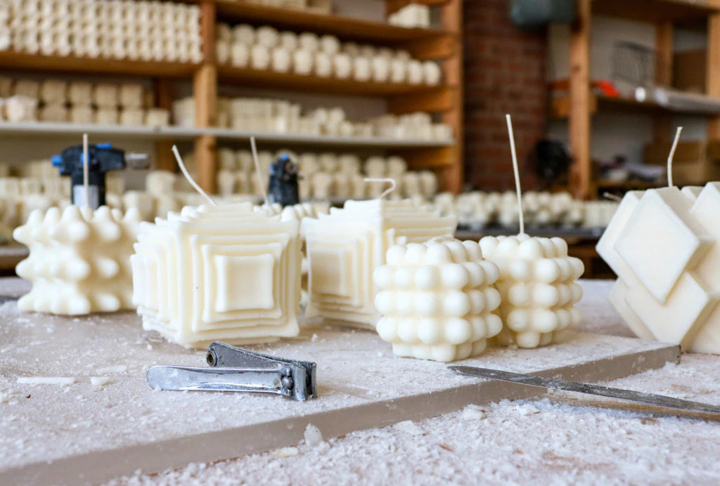 A group of Andrej Urem Milk Candle - mini candles are being made in a factory.