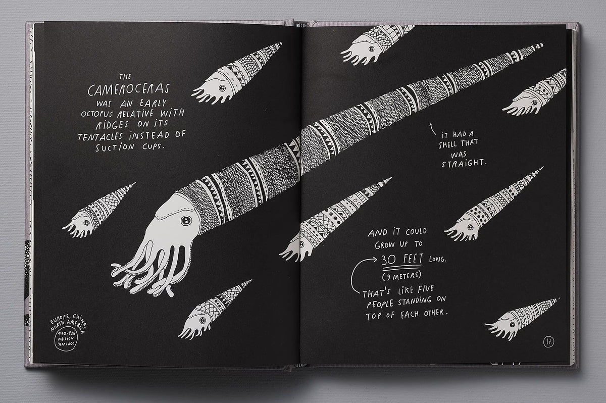 A black and white book with an illustration of a squid, &quot;Animals of a Bygone Era – An Illustrated Compendium&quot; by Maja Säfström.