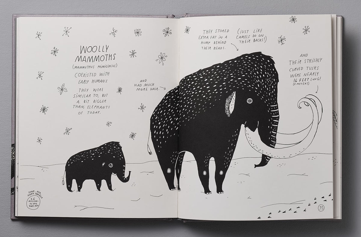 A Animals of a Bygone Era – An Illustrated Compendium by Maja Säfström with illustrations of a mammoth and a baby.