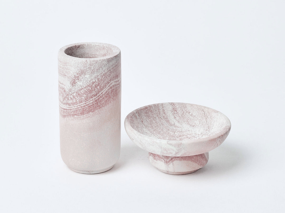 An Amina Bowl Set Tall – Pink vase and bowl on a white surface. (Brand Name: Asili)