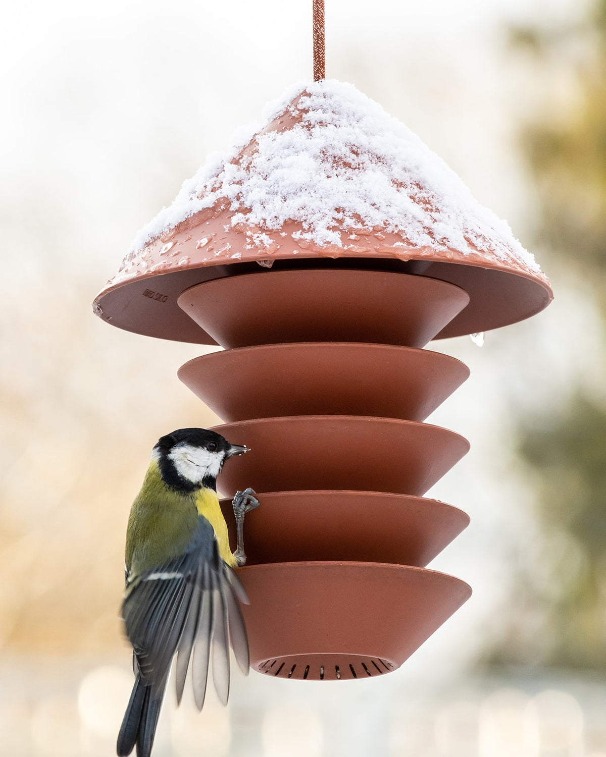 A bird perched on a Pidät Bird Silo – Terracotta in the snow.