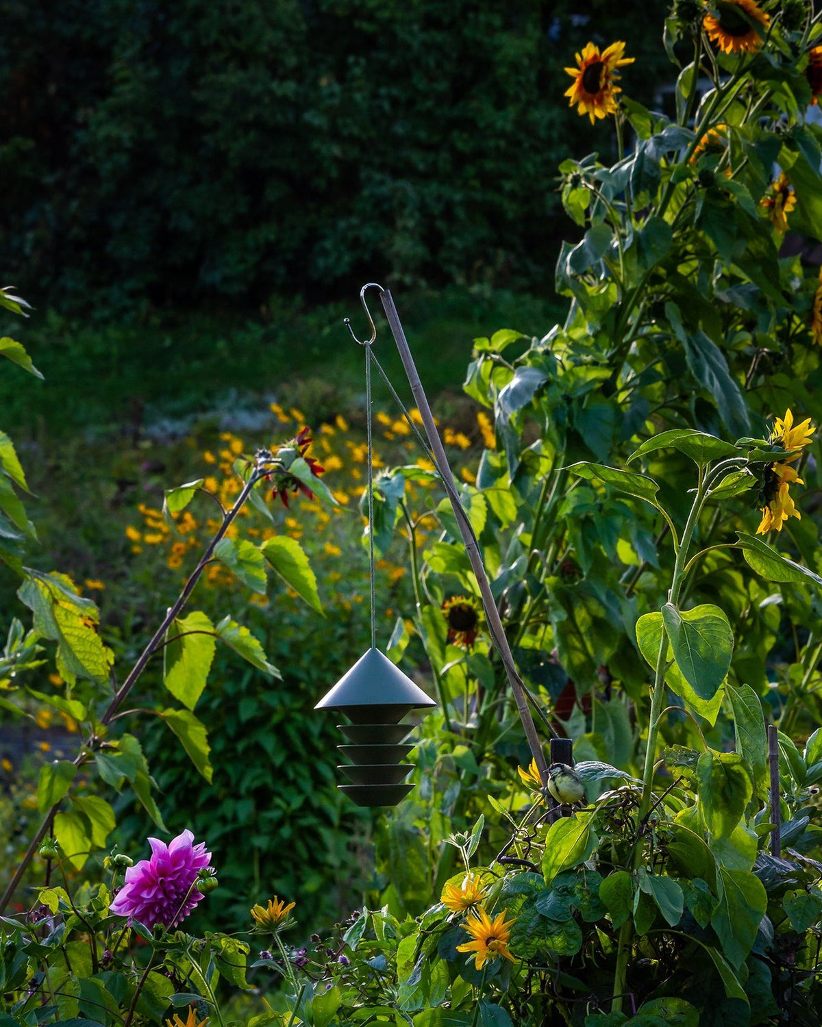 A garden with flowers and a Pidät Bird Silo – Camp Green bird feeder.