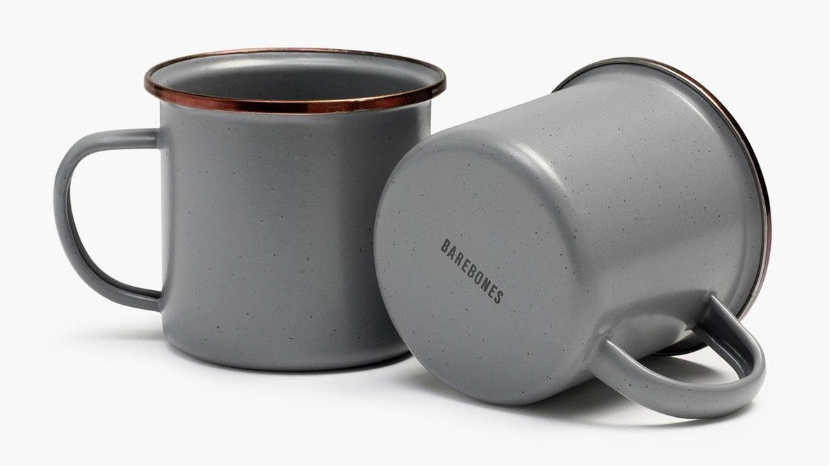 Two Barebones enamel mugs - Slate Grey (Set of 2) with copper lids on a white background.