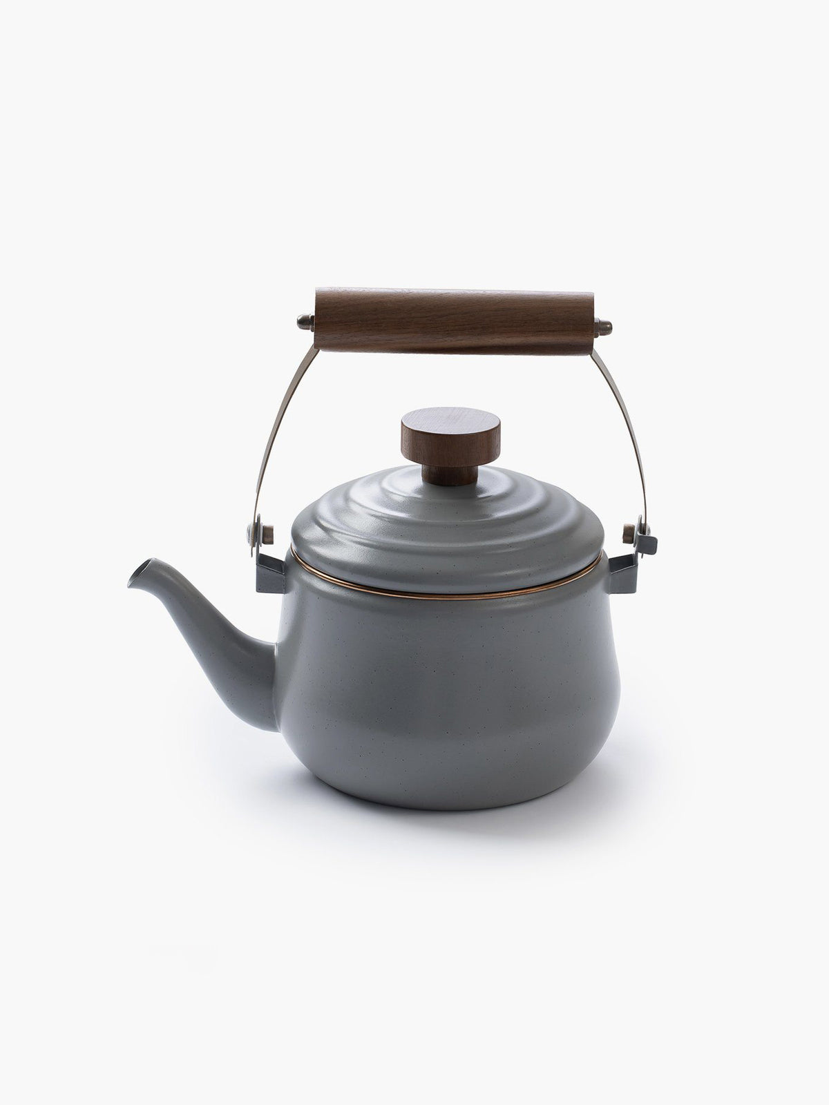 A Barebones Enamel Teapot - Slate Grey with a wooden handle on a white background.