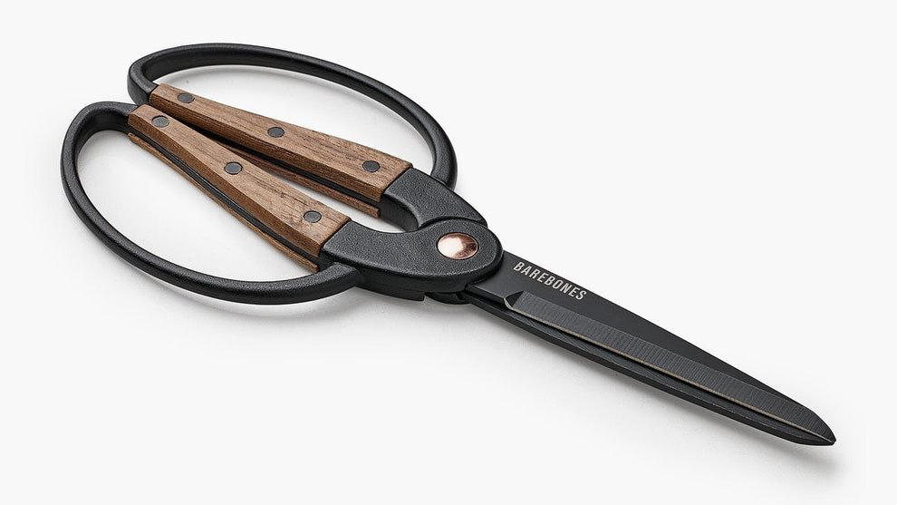 A pair of Walnut Garden Scissors - Large by Barebones, in black and brown, on a white surface.