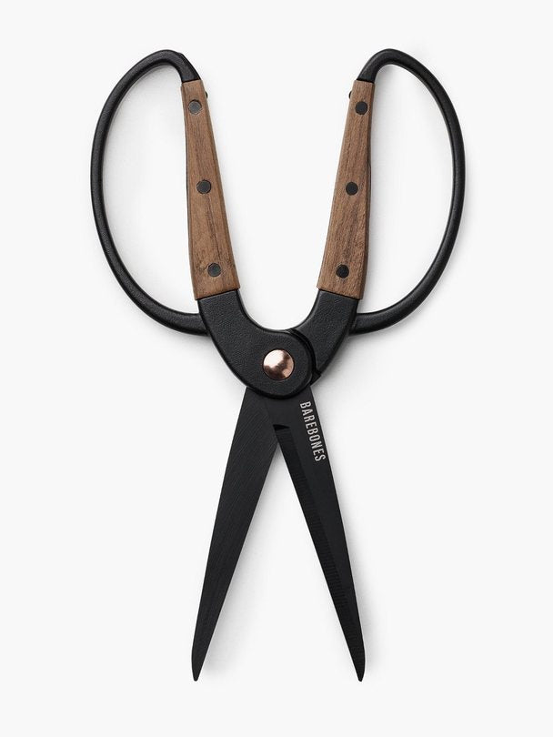 A pair of Walnut Garden Scissors - Large with a wooden handle by Barebones.