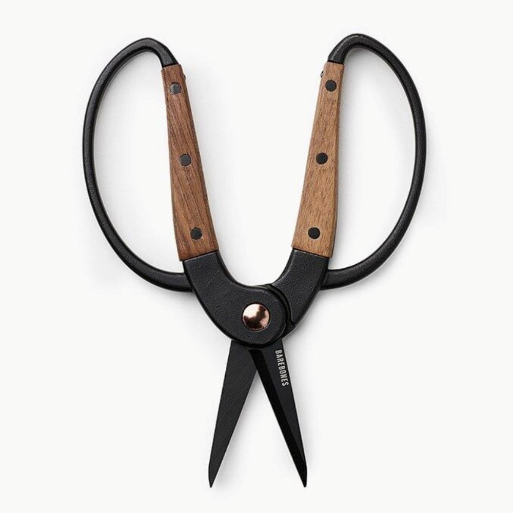 A pair of Barebones Walnut Garden Scissors – Small with wooden handles on a white background.