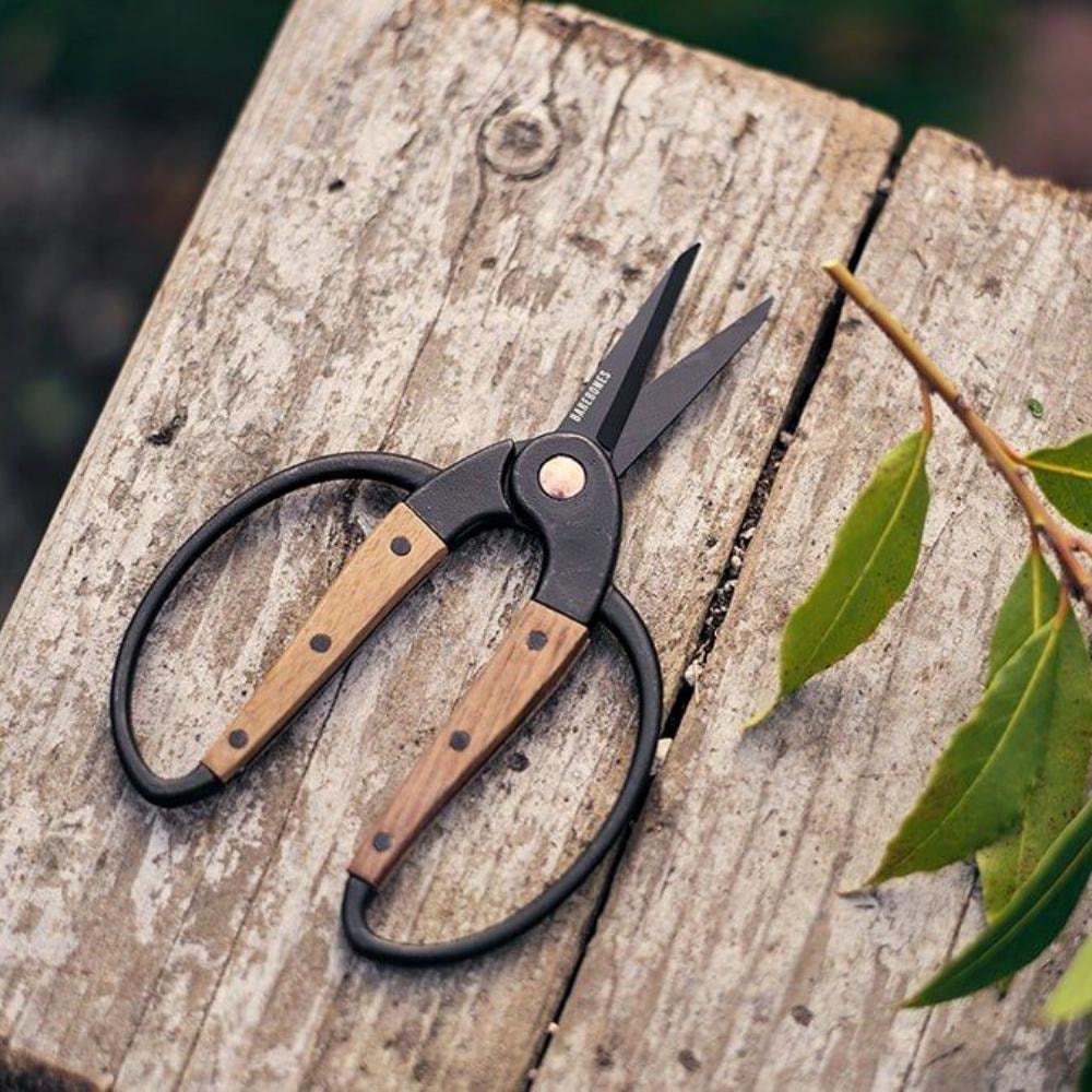 A pair of Barebones Walnut Garden Scissors – Small sitting on a wooden bench.