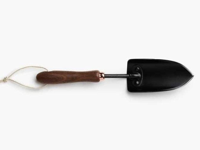 A Barebones garden trowel with a wooden handle on a white background.