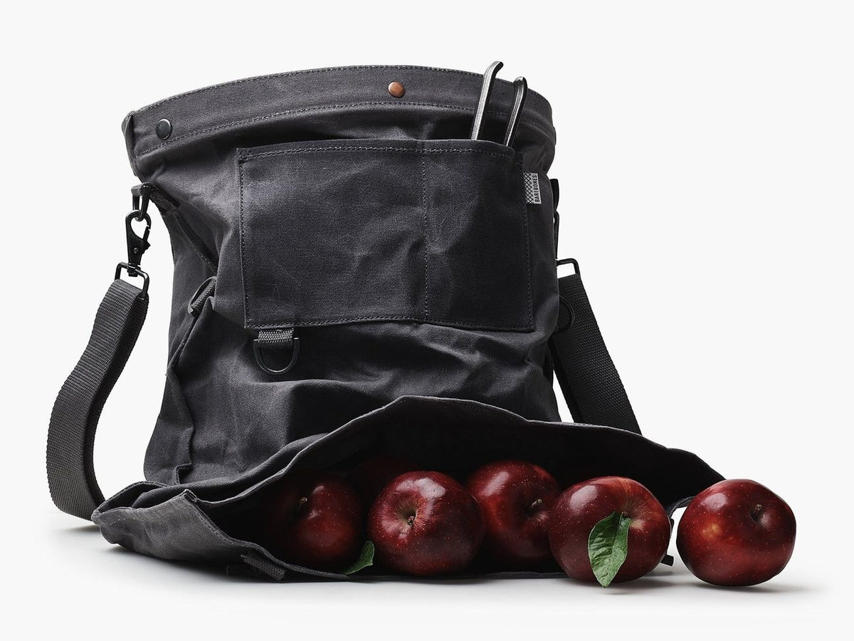 A Barebones Gathering Bag – Grey with apples in it.