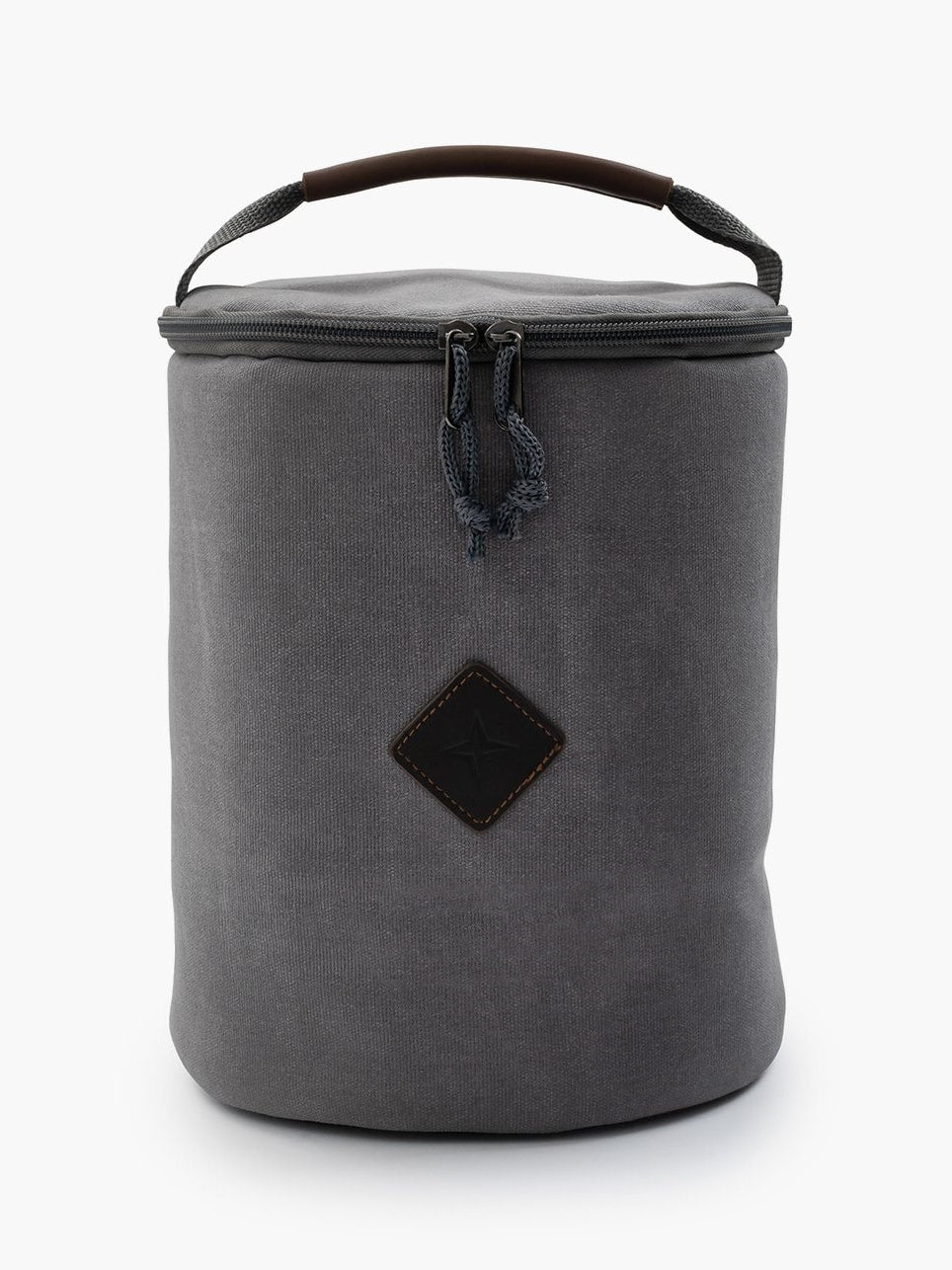 A Grey Lantern Storage Bag – Waxed Canvas cooler bag with a leather handle by Barebones.