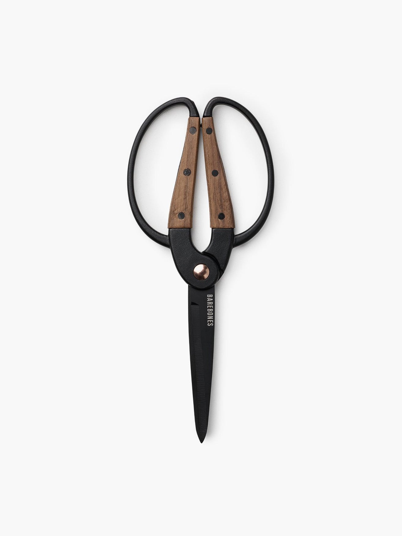 A pair of Walnut Garden Scissors – Large by Barebones, in black and brown, on a white surface.