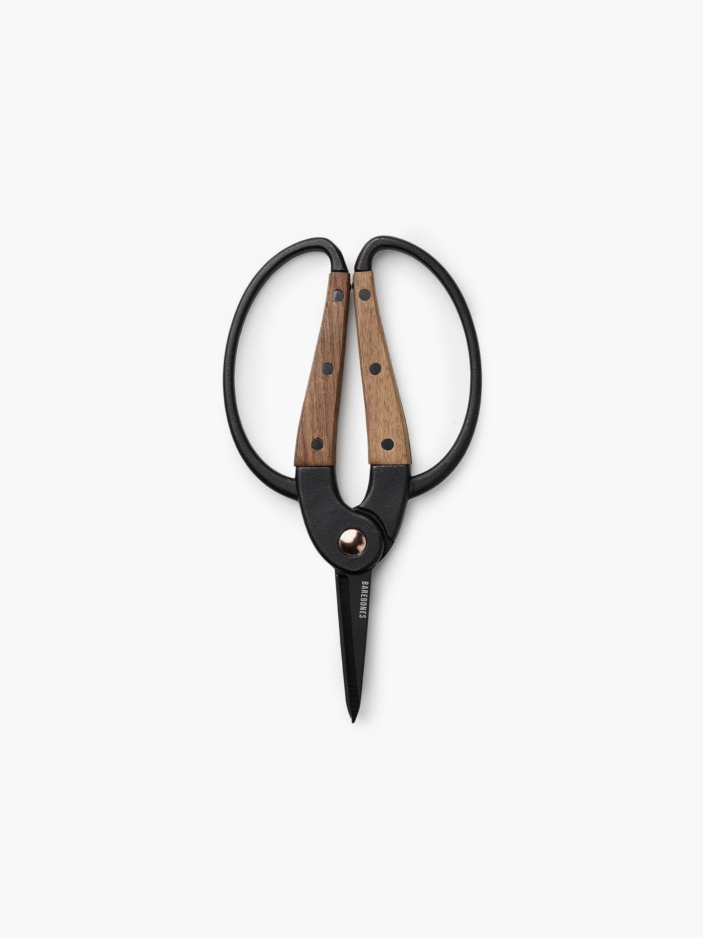 A pair of Barebones Walnut Garden Scissors – Small in black and brown color on a white surface.