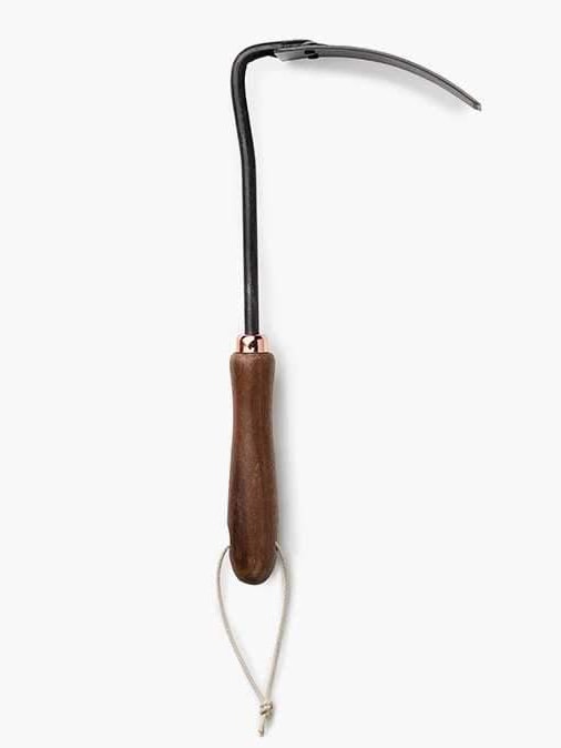A Barebones Square Hand Hoe with a black handle on a white background.