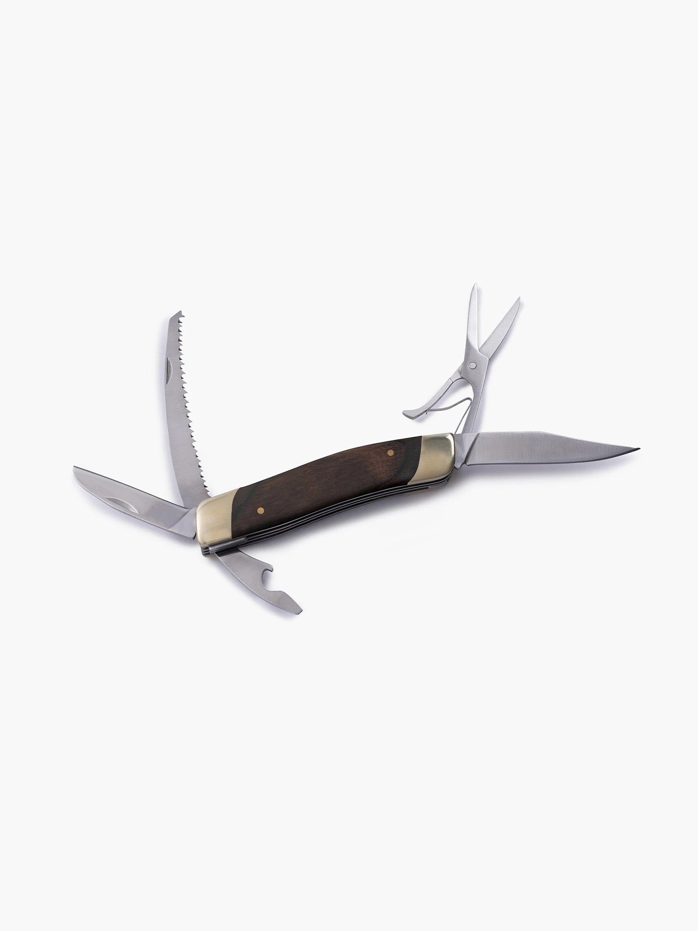 A Barebones Multi-Tool Pocket Knife with a wooden handle on a white background.