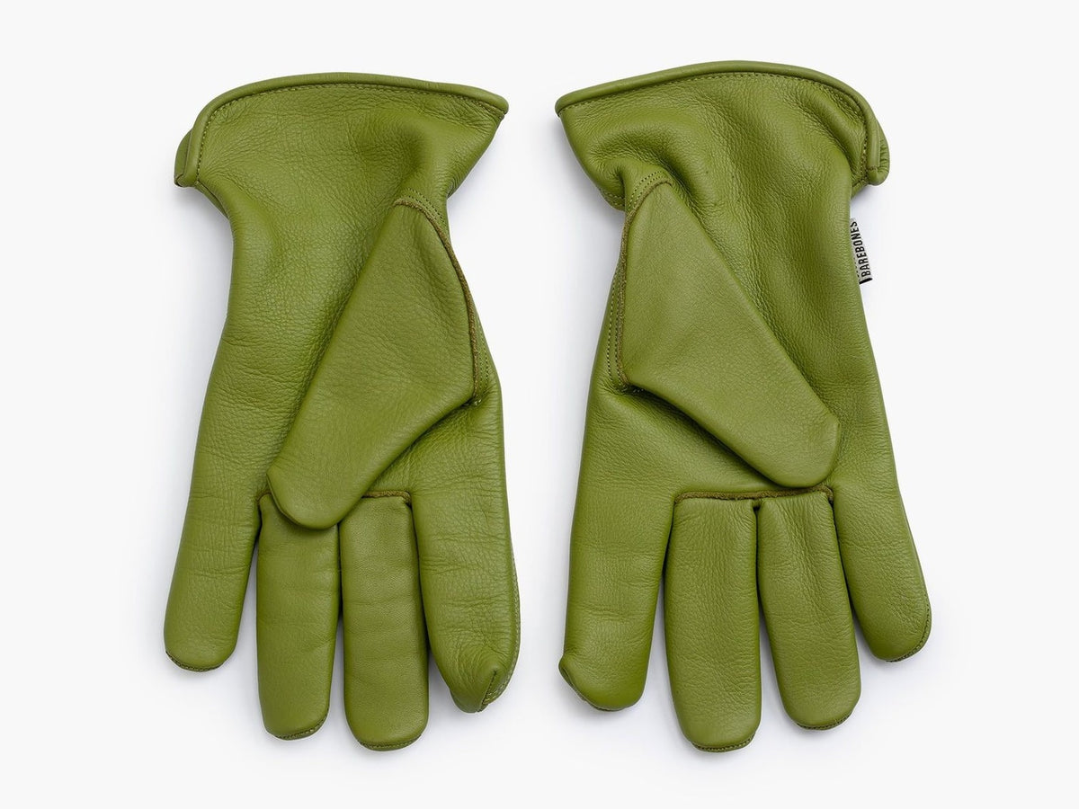 A pair of Classic Work Gloves - Olive by Barebones on a white background.