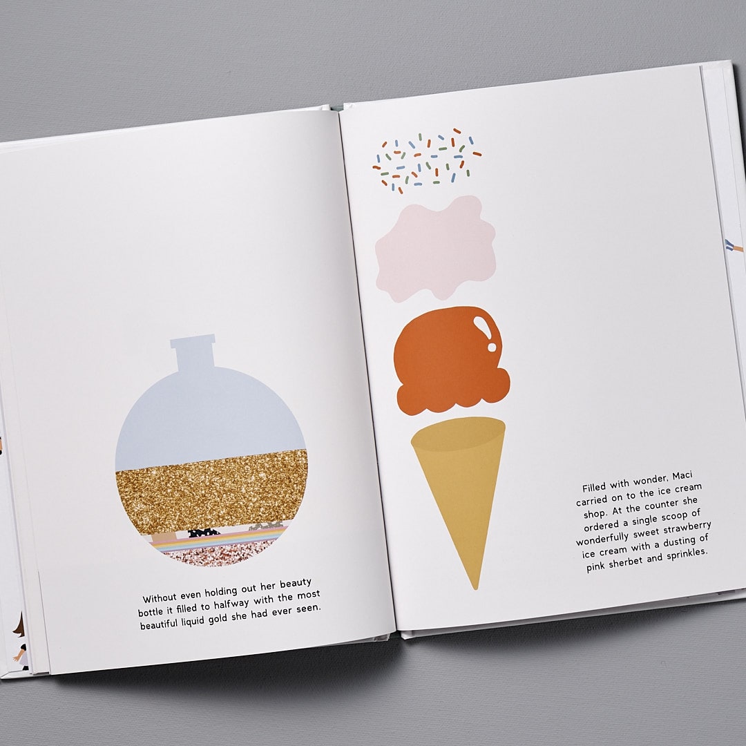Open book with minimalist illustrations of a glittery vase and an ice cream cone with sprinkles on a white background, perfect for a children&#39;s book, featuring Beautiful by Becky Kemps.