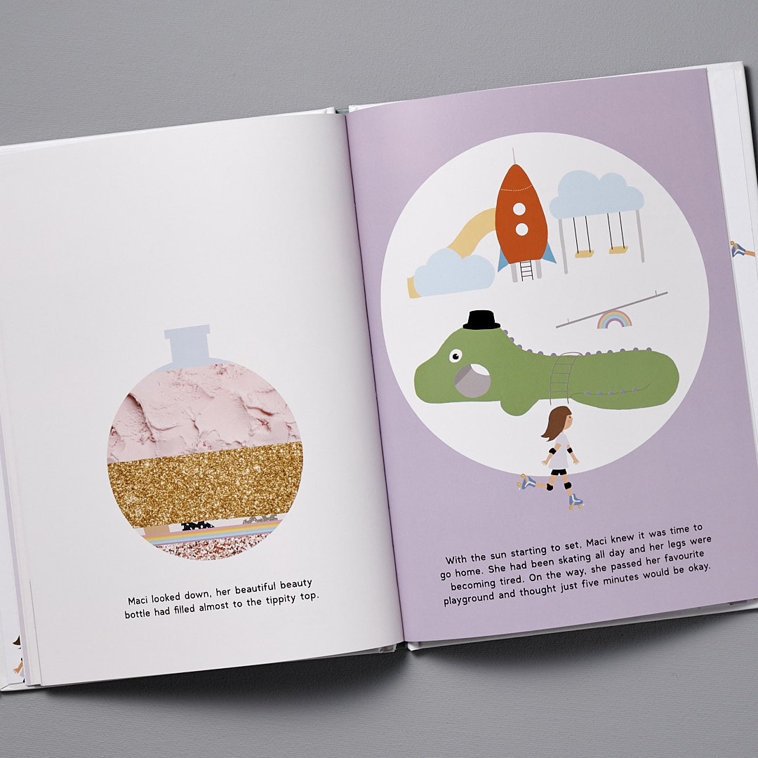 A children&#39;s book opened to a unique page with illustrations of a pink ice cream sundae and a green crocodile wearing a hat from Beautiful by Becky Kemps.