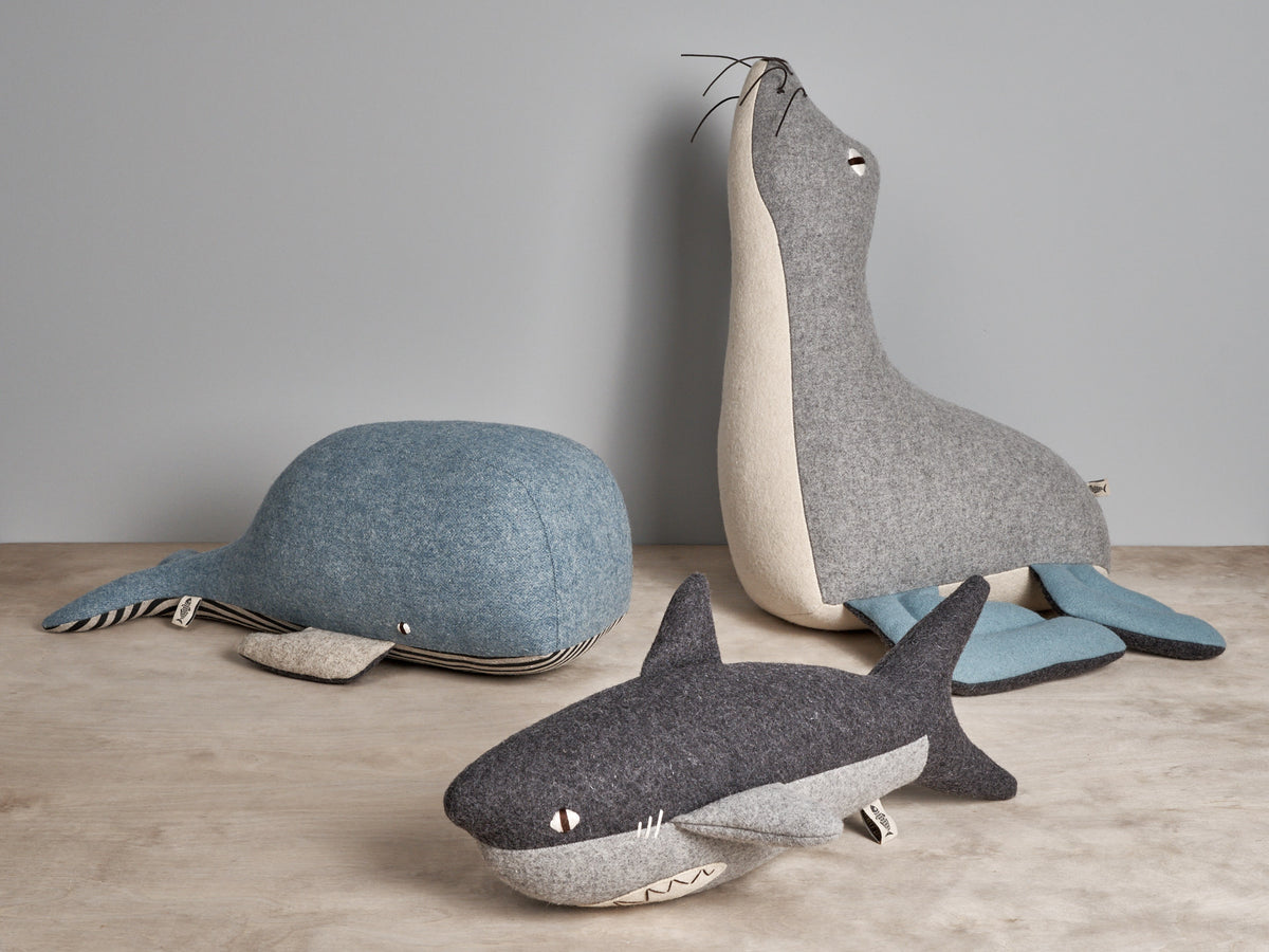 Three KALI, the Antarctic Fur Seal stuffed animals - a whale, a seal and a shark by Carapau.