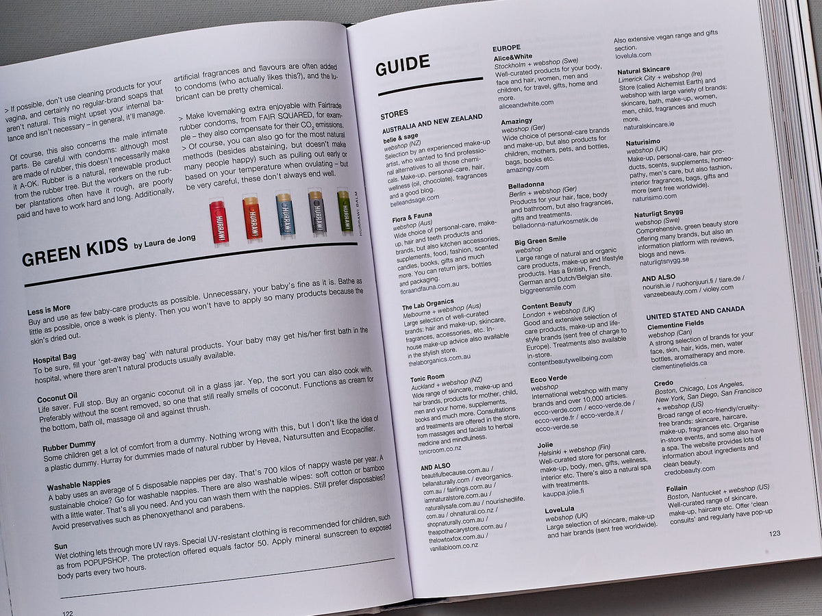 An open book with a list of ingredients called &quot;THIS IS A GOOD GUIDE - for a sustainable lifestyle&quot; by Marieke Eyskoot.