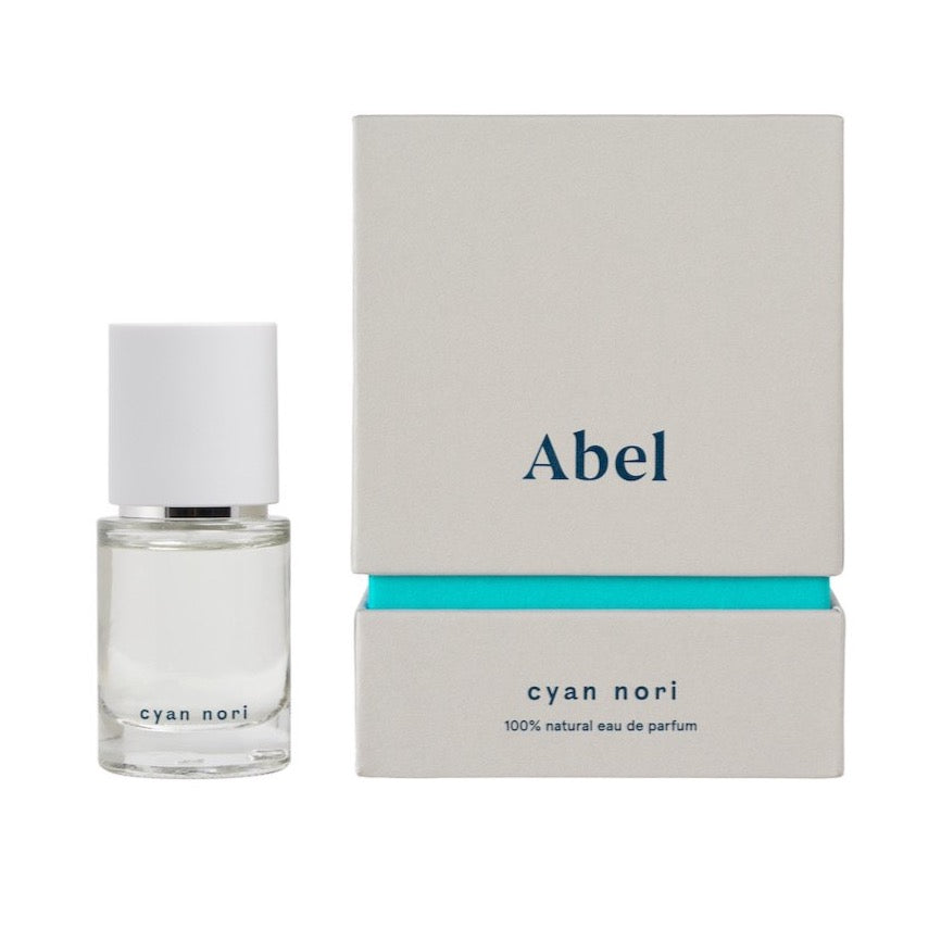 An Abel bottle of Cyan Nori – a sweet, salty musk eau de parfum with a box next to it.