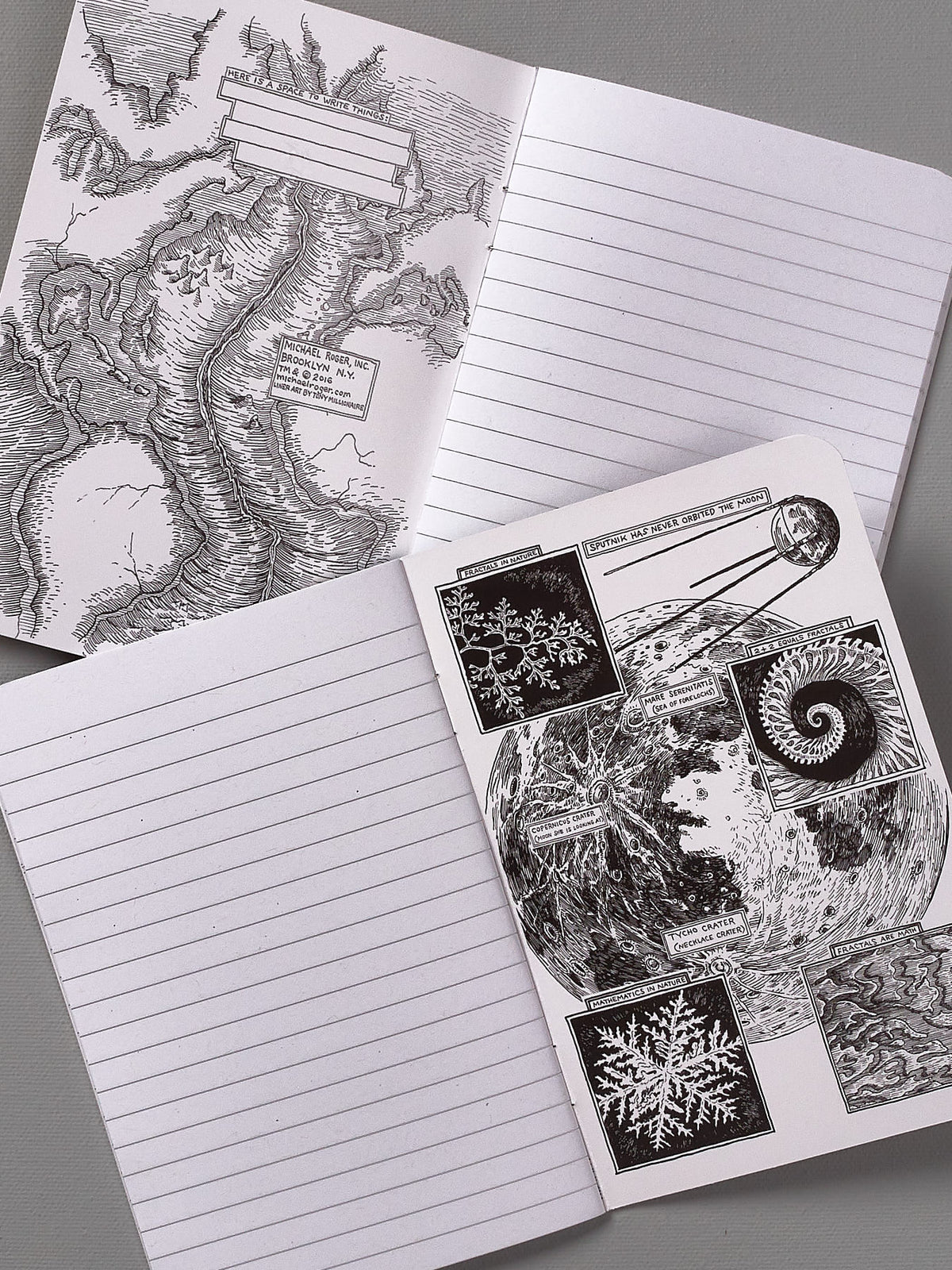 A set of Decomposition Recycled Notebook Set – Pocket Sized/Ruled (Ponderosa &amp; Mendocino) with drawings on them.