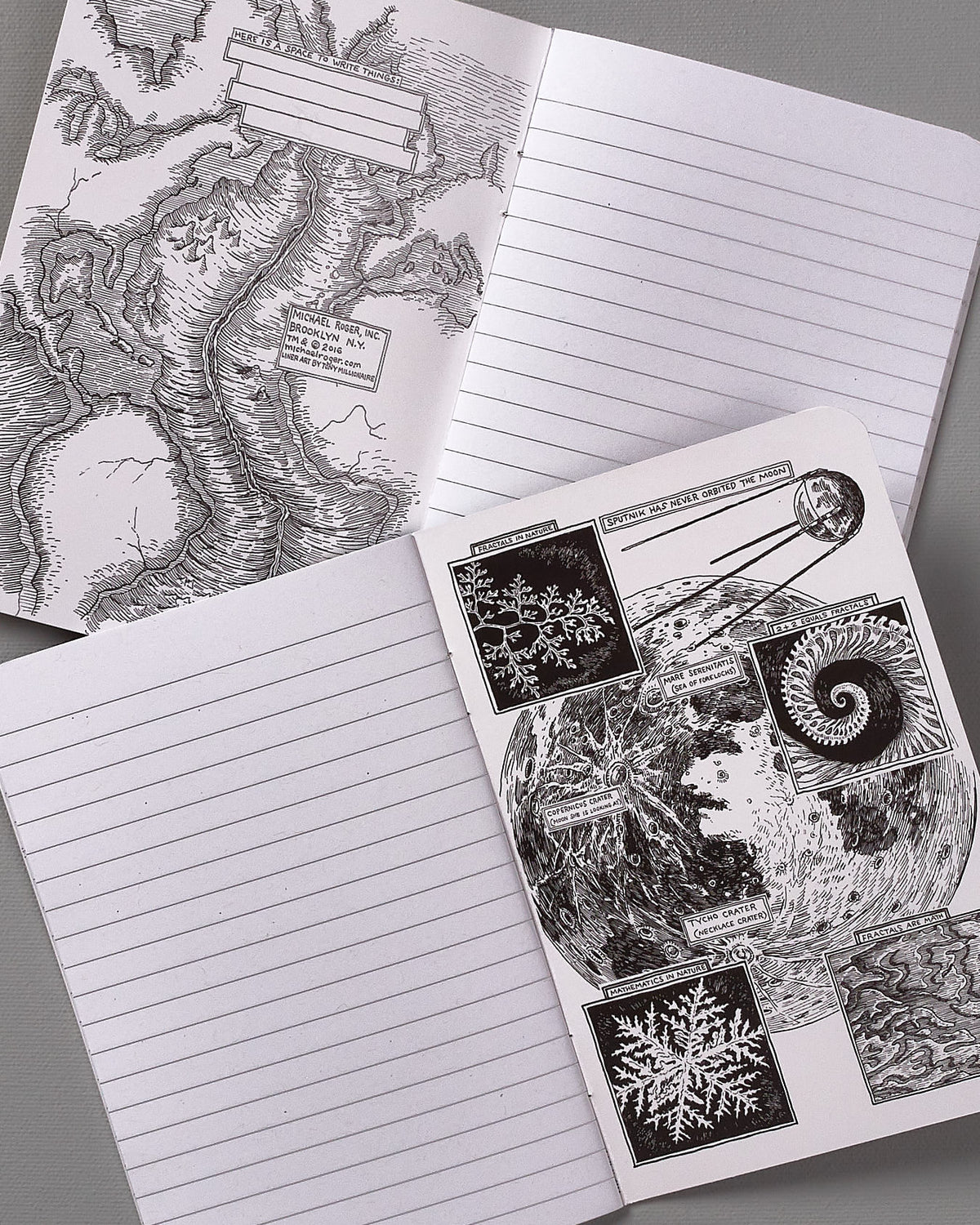 A set of Decomposition Recycled Notebook Set – Pocket Sized/Ruled (Ponderosa & Mendocino) with drawings on them.