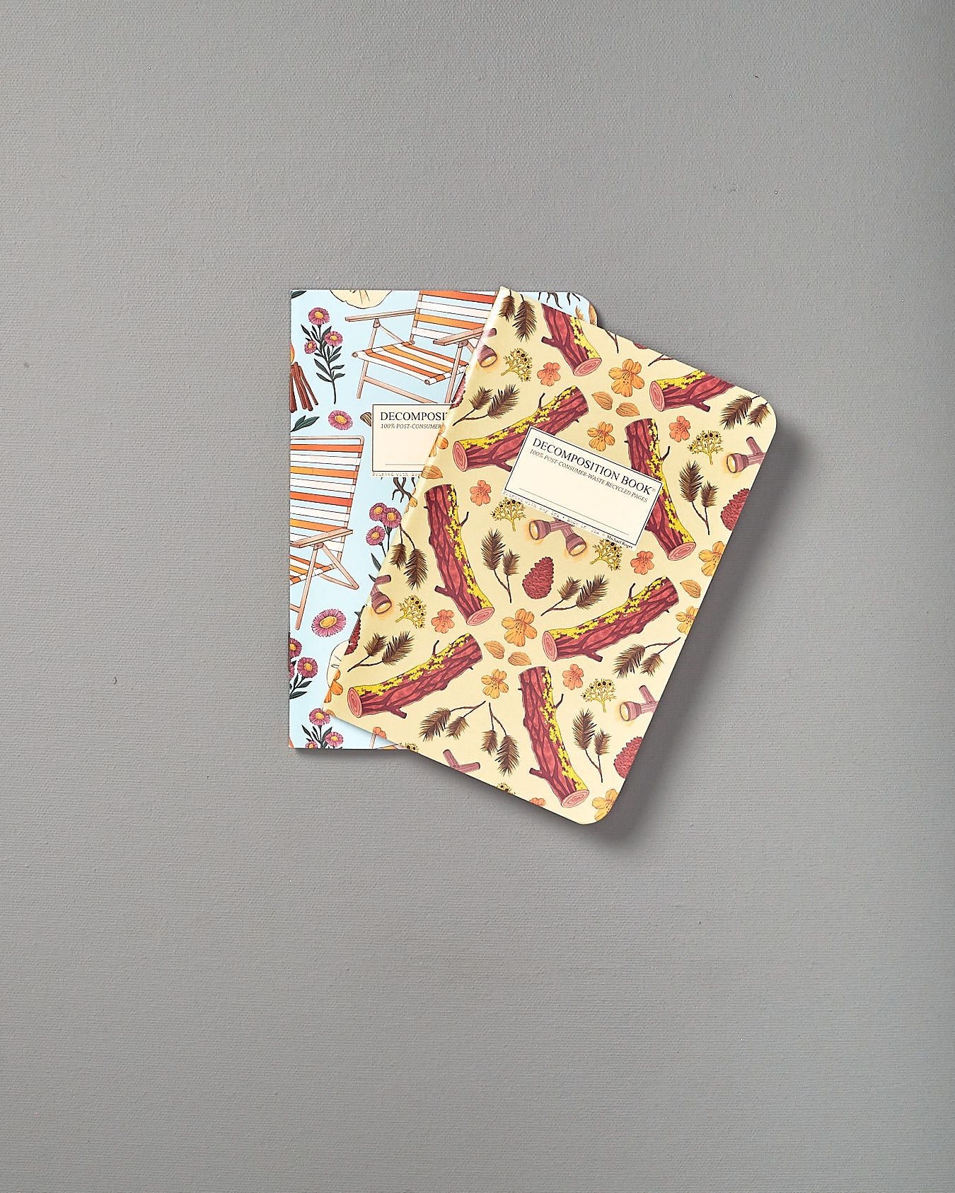Two Decomposition Recycled Notebook Sets – Pocket Sized/Ruled (Ponderosa & Mendocino) with pizza designs on them.