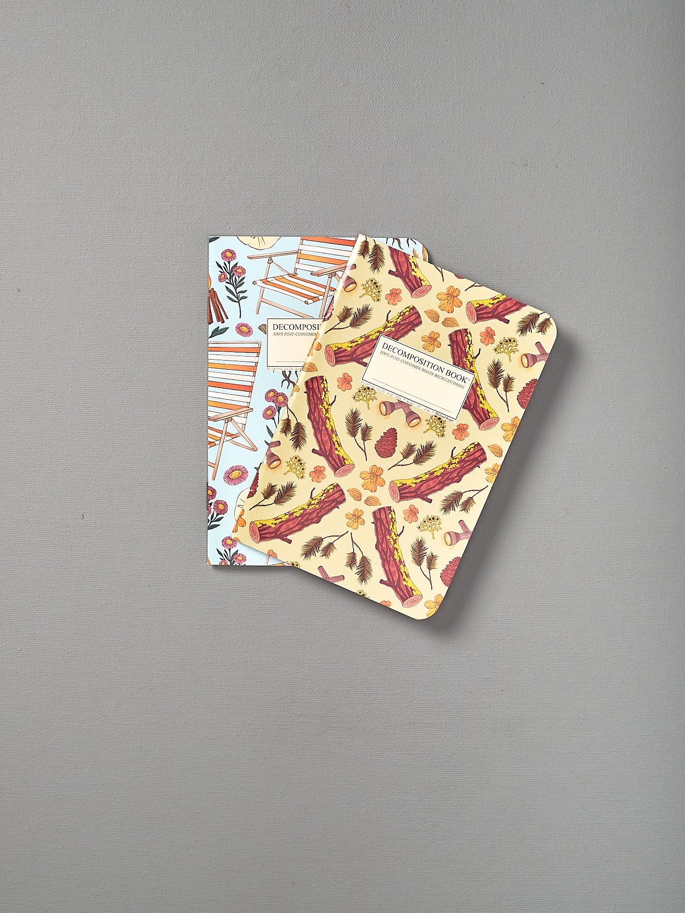 Two Decomposition Recycled Notebook Sets – Pocket Sized/Ruled (Ponderosa & Mendocino) with pizza designs on them.