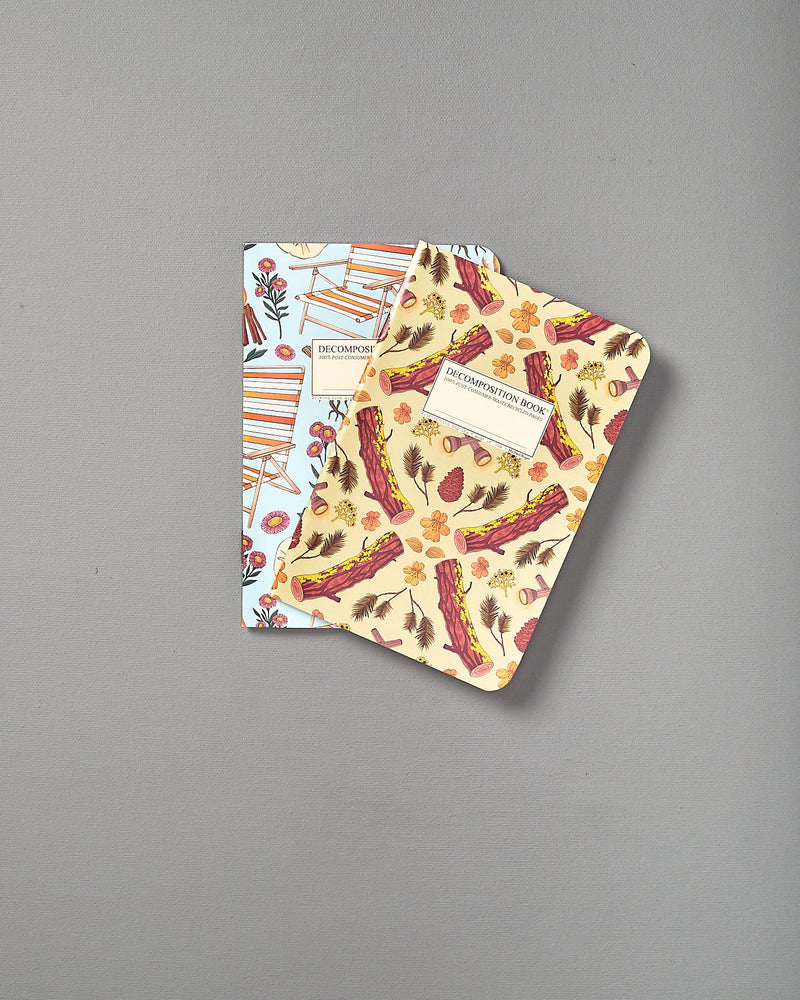 Two Decomposition Recycled Notebook Sets – Pocket Sized/Ruled (Ponderosa & Mendocino) with pizza designs on them.