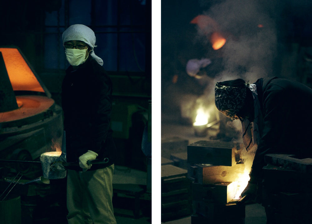 Two pictures of people working in a factory featuring the Futagami Stationery Tray – Solid Brass.