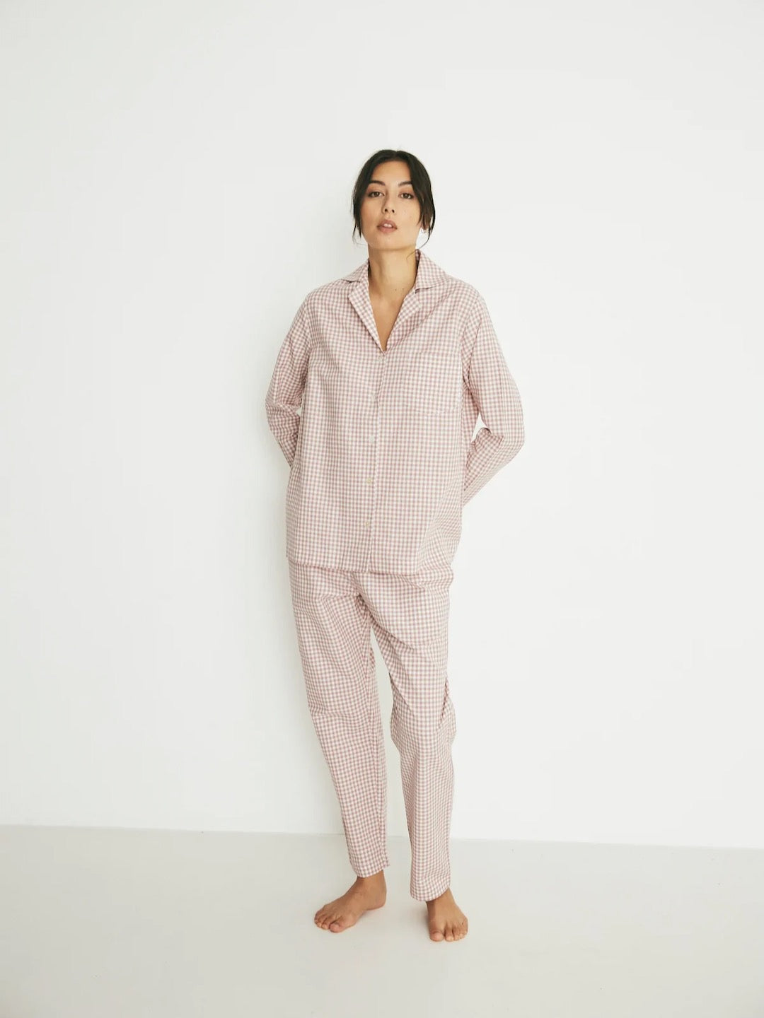 The model is wearing a Classic Set - Rose Gingham pyjama set by general sleep.