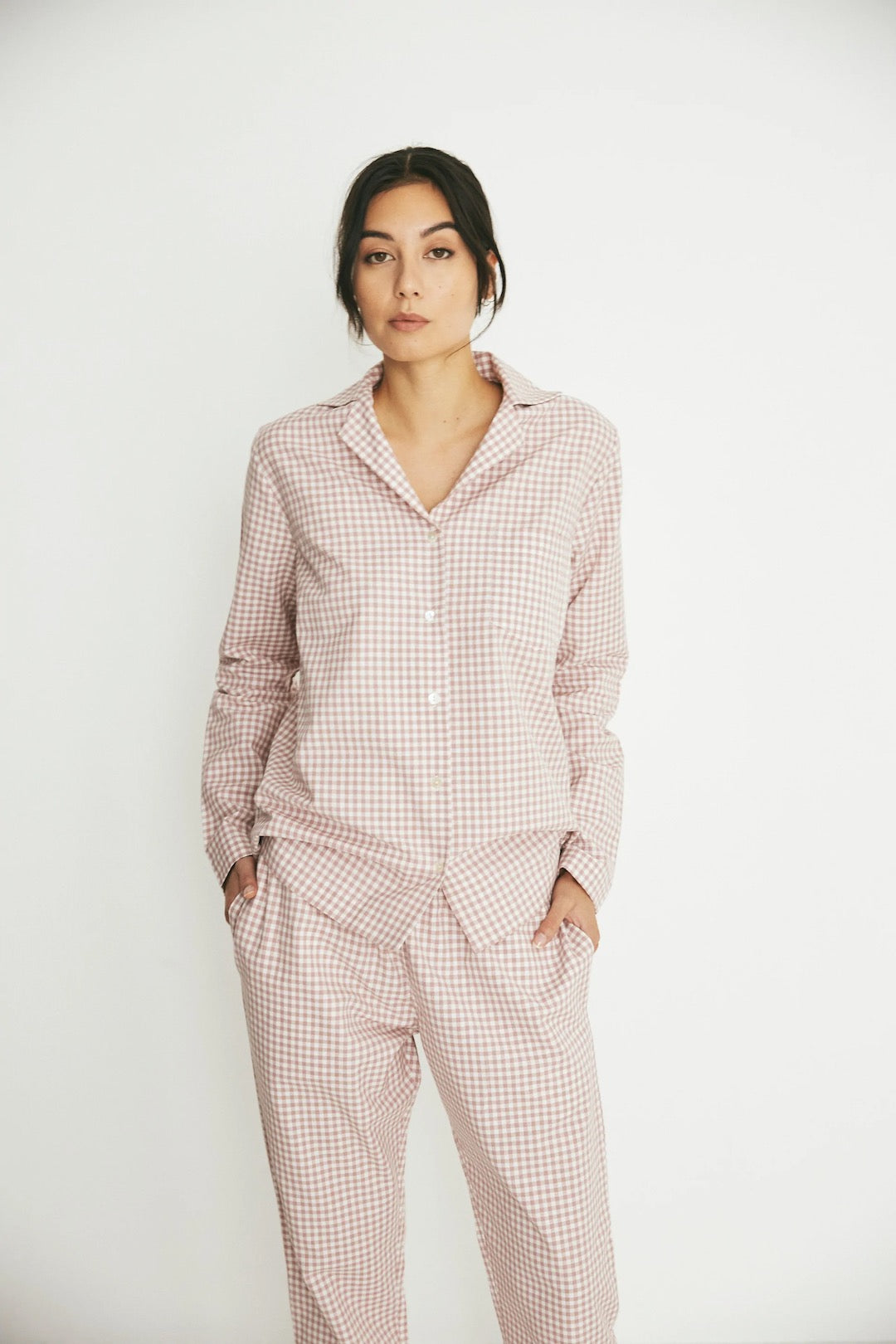 The model is wearing a General Sleep Classic Set - Rose Gingham.