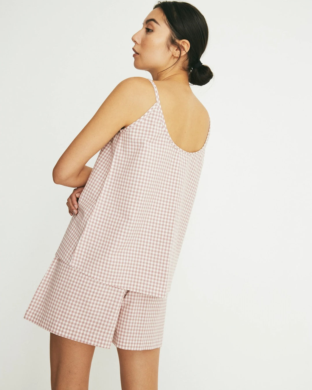 The back view of a woman wearing a general sleep Summer Set - Rose Gingham.