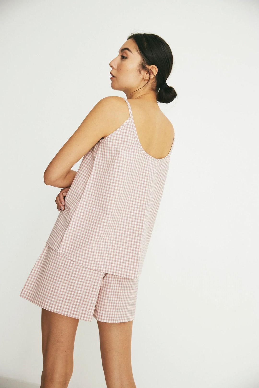 The back view of a woman wearing a general sleep Summer Set - Rose Gingham.