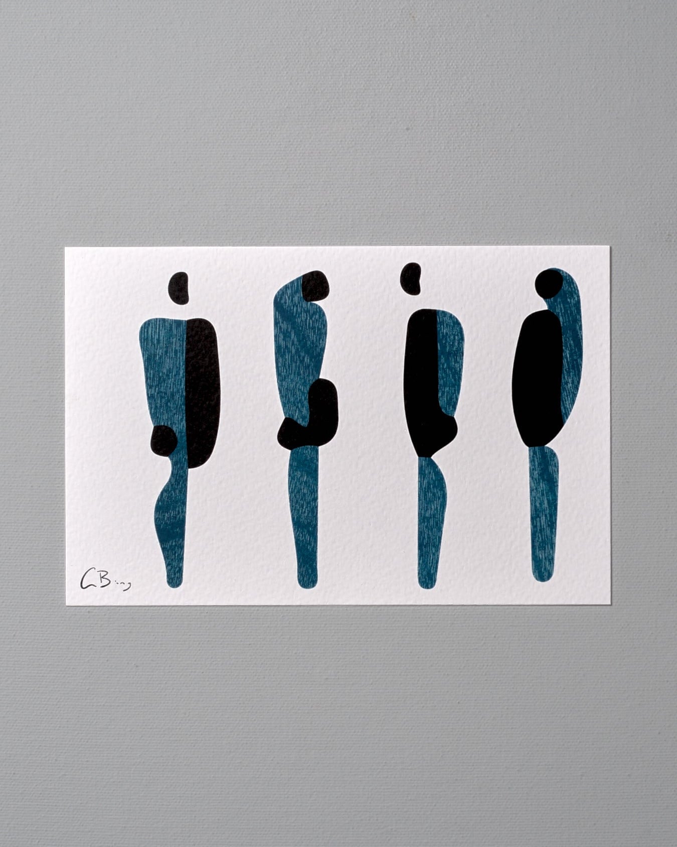 A black and blue postcard print of a group of people standing in front of a gray wall - Gidon Bing.