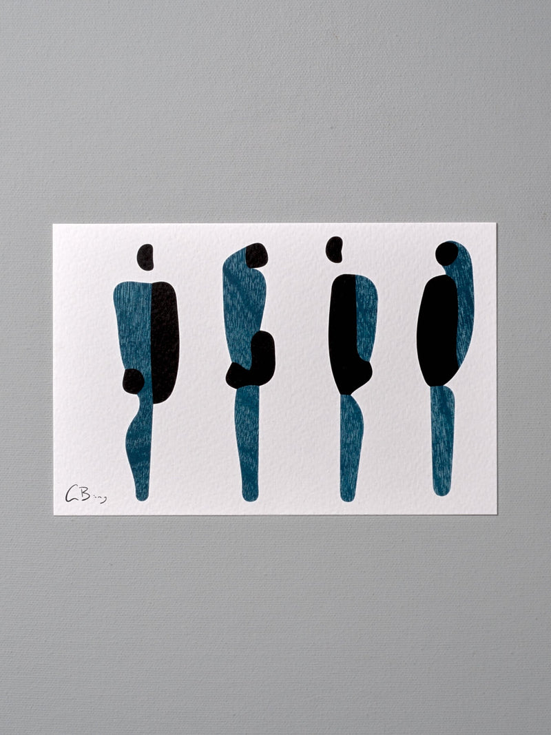 A black and blue postcard print of a group of people standing in front of a gray wall - Gidon Bing.