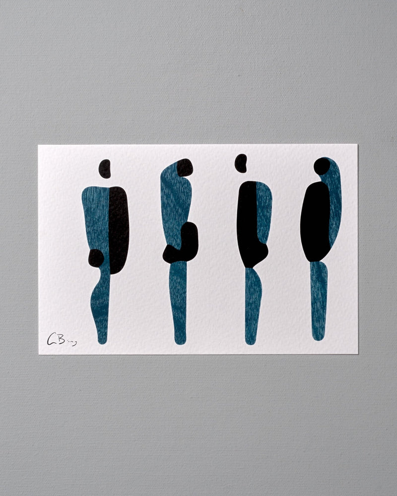 A black and blue postcard print of a group of people standing in front of a gray wall - Gidon Bing.