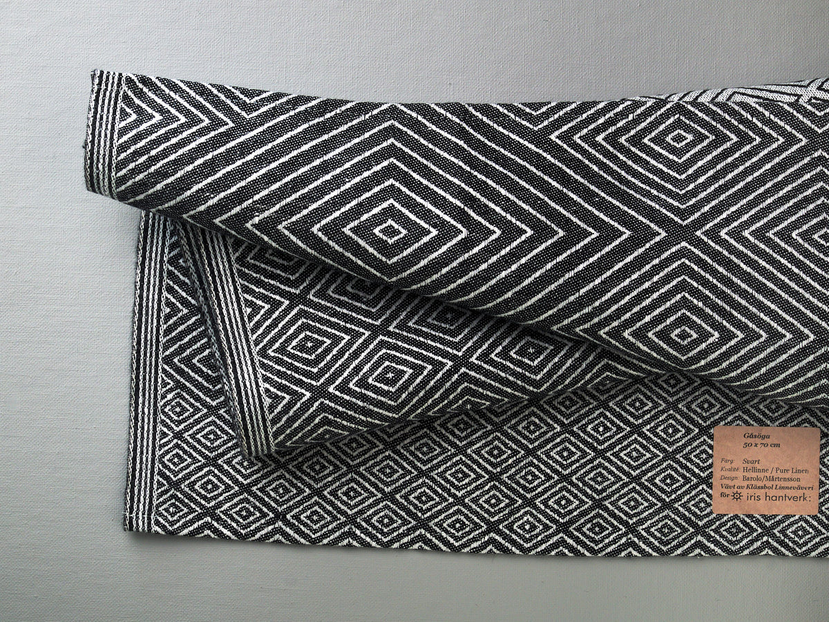 A Linen Tea Towel – Black with a label on it by Iris Hantverk.