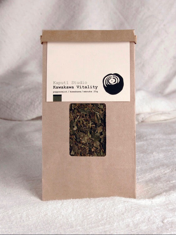 A bag of Kawakawa Vitality green tea with a label on it, by Kaputi Studio.