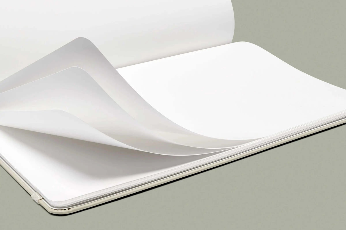 A Karst A5 Hardcover Notebook – Eucalypt with a white sheet of paper.