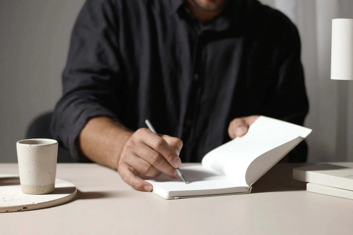 A man writing in a Karst A5 Hardcover Notebook – Eucalypt next to a lamp.