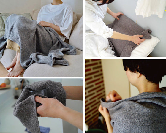 A collage of four photos showing different ways a person can use Kontex Lana Towels - Bath, Hair, Hand, Face fabric, such as a wearable blanket, cushion cover, scarf, and hair wrap.