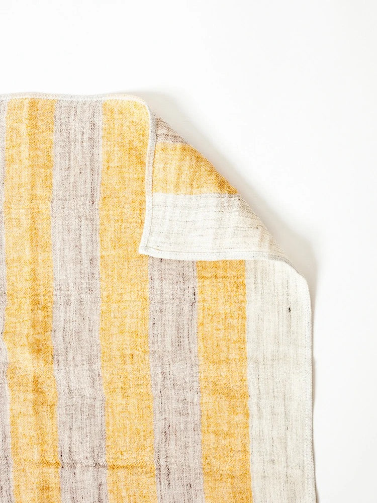 A Linen Tea Towel – Yellow or Navy by Kontex on a white surface.