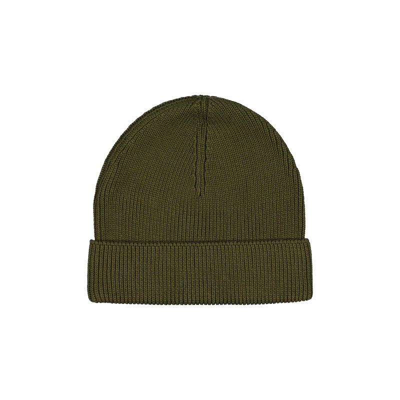 A Moss beanie by Kowtow on a white background.
