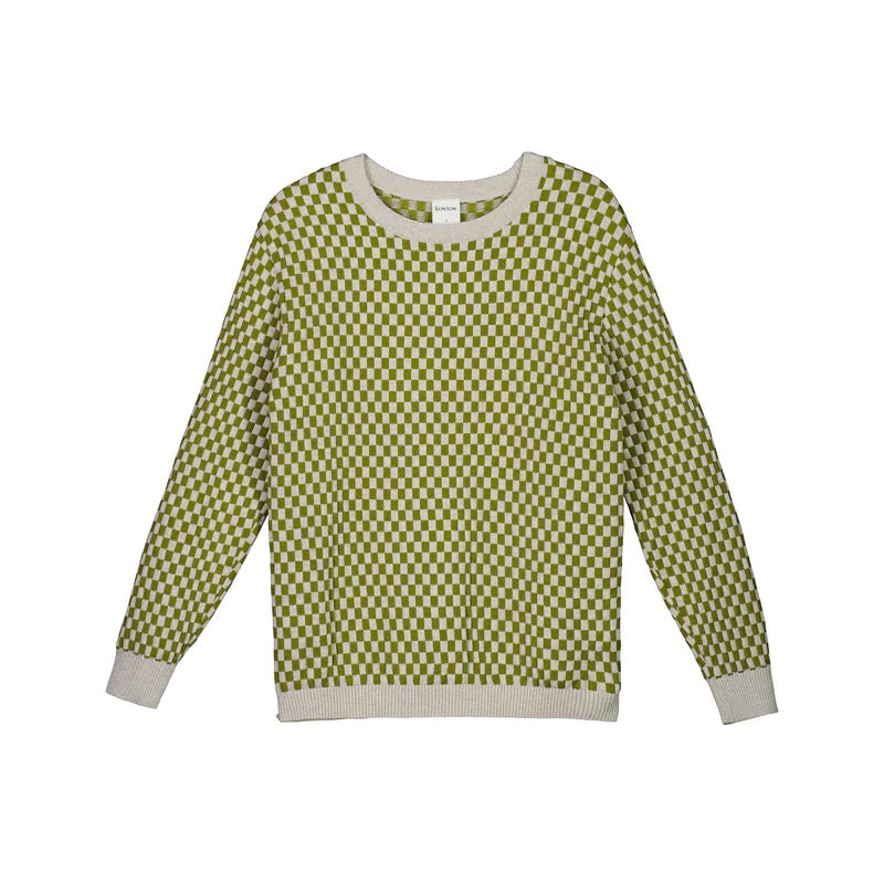 A green and white Checkerboard Knit Crew – Lawn Check sweater by Kowtow with a checkered pattern.