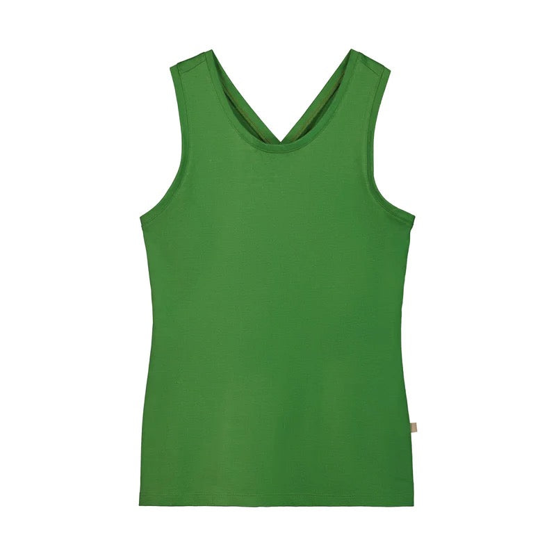 A Cross Back Singlet - Bright Green tank top on a white background by Kowtow.
